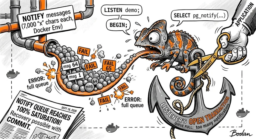 PostgreSQL LISTEN/NOTIFY: full queue and recovery