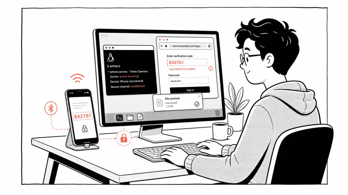 Ilustración de un iPhone conectado por Bluetooth a un equipo Linux que autocompleta un código OTP.